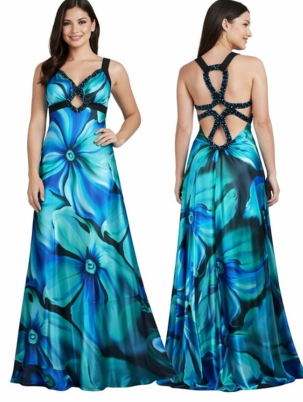 Hailey Logan By Adrianna Papell Blue Satin Floral Cut Out Open Back Formal Gown